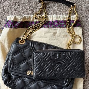 Tory Burch Black Quilted Women Bag with Gold Chain